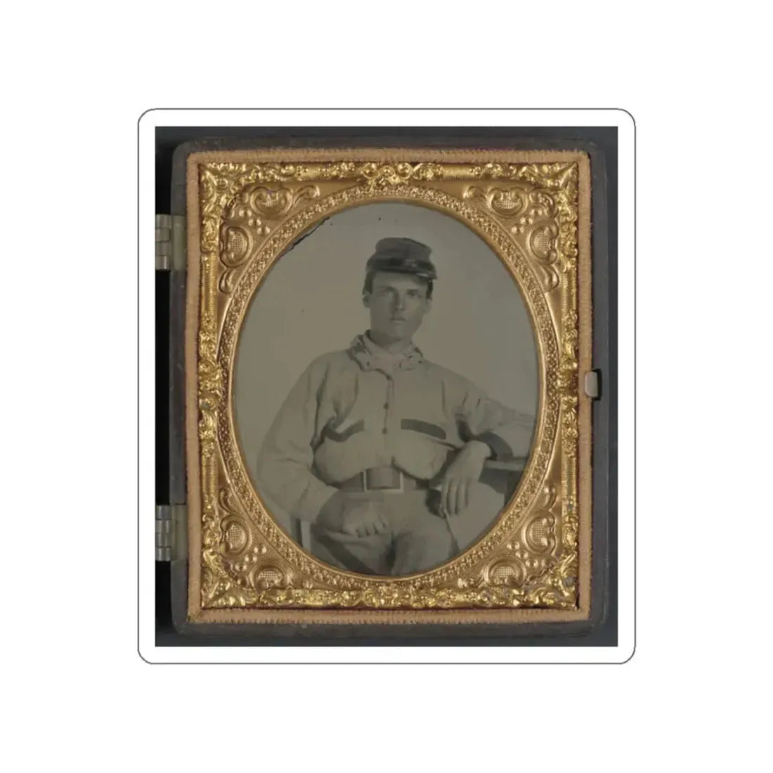 Unidentified Soldier In Confederate Battleshirt, Kepi, And Wishbone Belt Buckle (U.S. Civil War) STICKER Vinyl Die-Cut Decal White Die-Cut 2 Inch - The Sticker Space