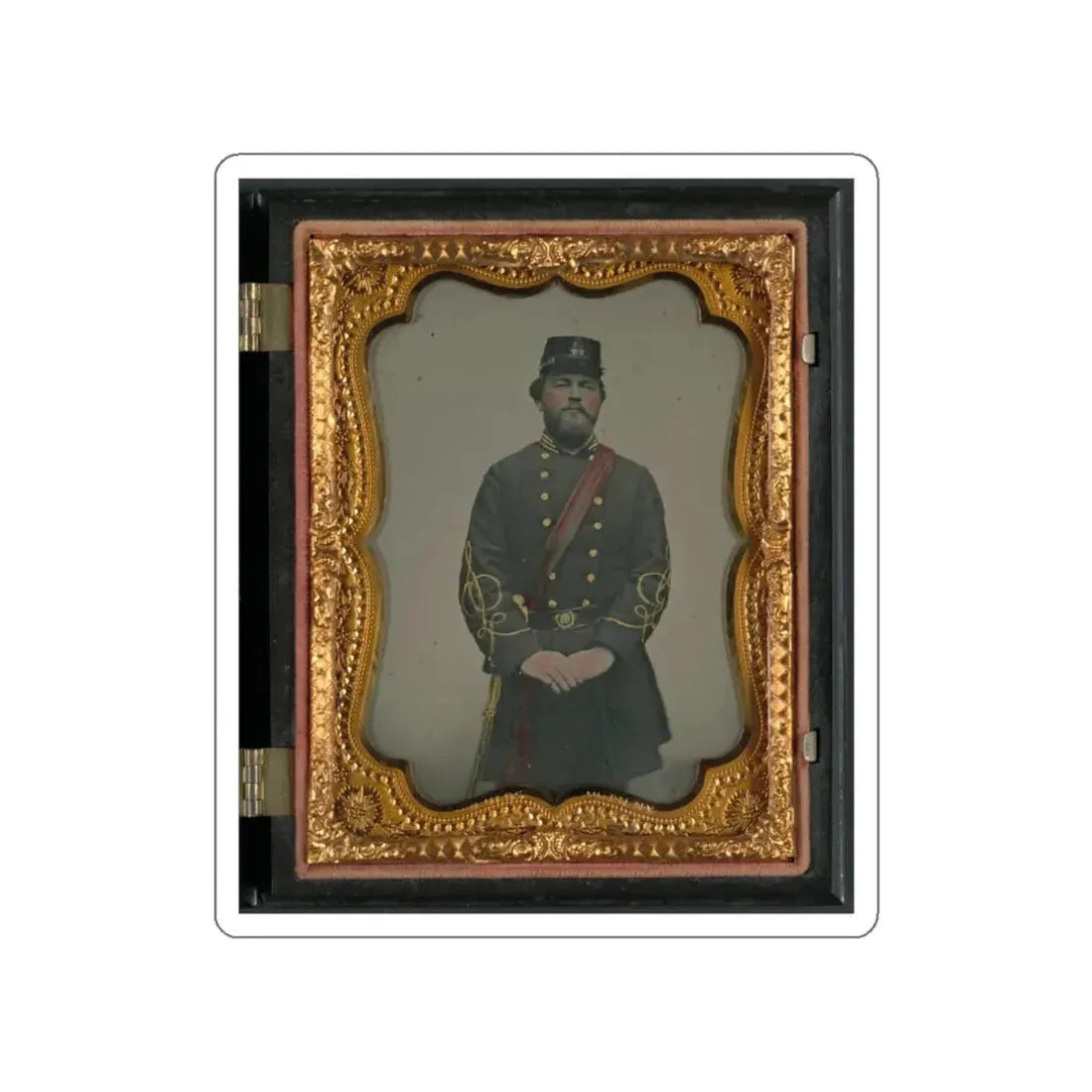 Unidentified Soldier In Confederate Captain's Uniform, Red Sash, And Kepi Marked V.V. (U.S. Civil War) STICKER Vinyl Die-Cut Decal White Die-Cut 3 Inch - The Sticker Space