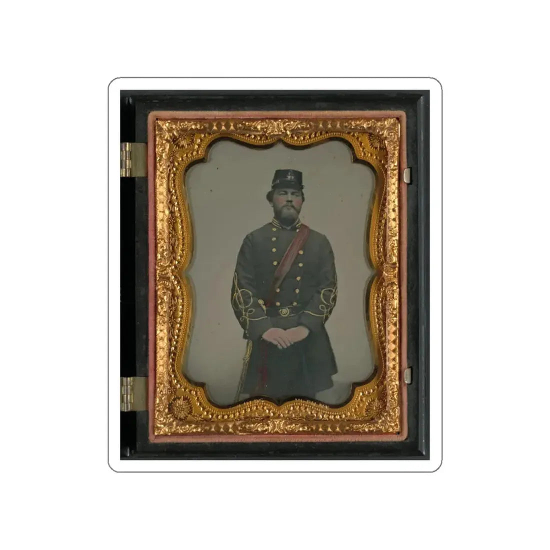 Unidentified Soldier In Confederate Captain's Uniform, Red Sash, And Kepi Marked V.V. (U.S. Civil War) STICKER Vinyl Die-Cut Decal White Die-Cut 5 Inch - The Sticker Space