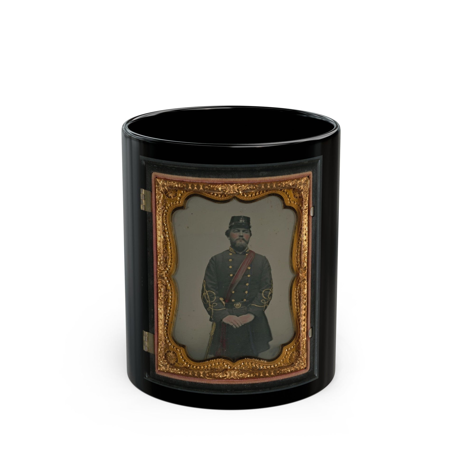 Unidentified Soldier In Confederate Captain's Uniform, Red Sash, And Kepi Marked V.V. (U.S. Civil War) Black Coffee Mug-11oz-The Sticker Space