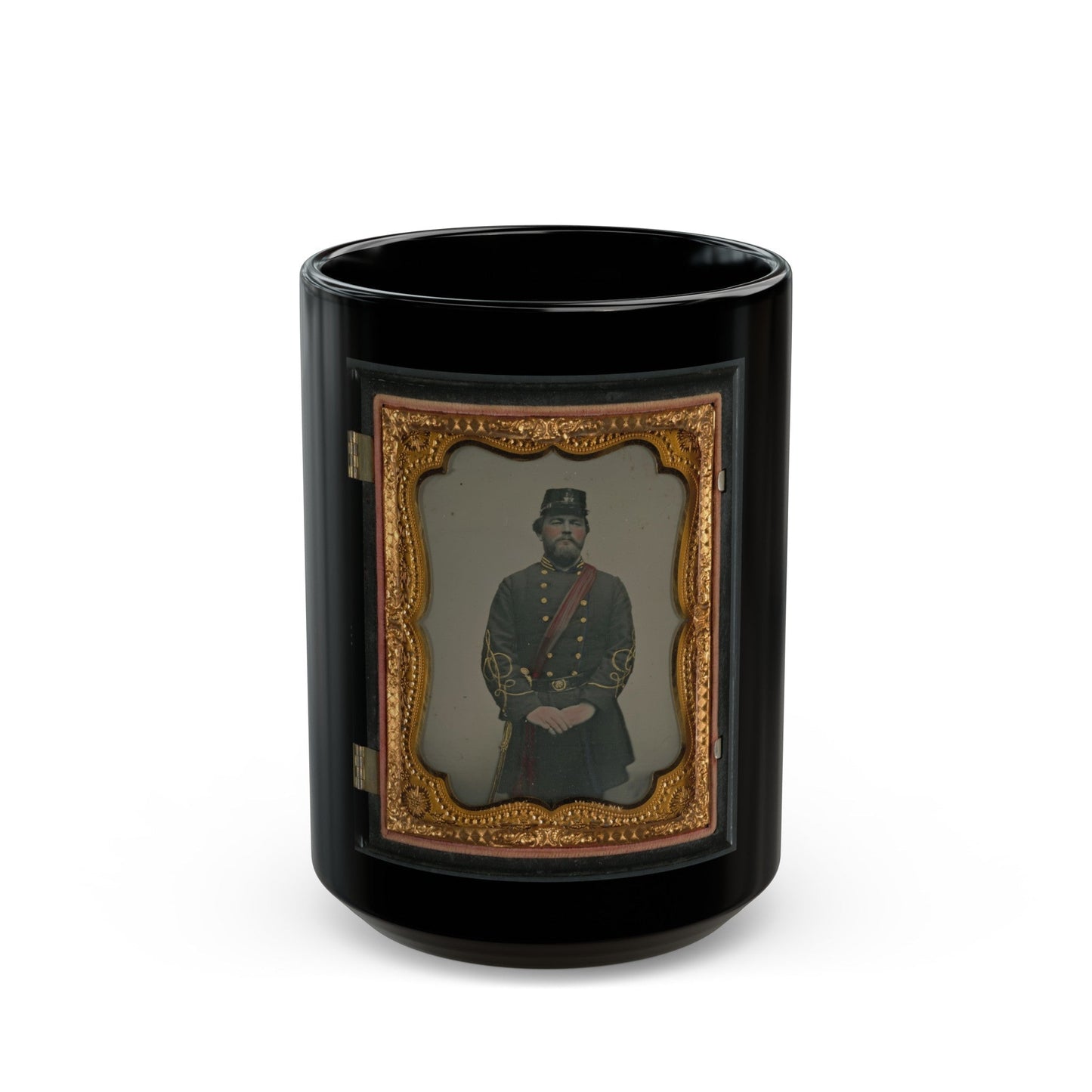 Unidentified Soldier In Confederate Captain's Uniform, Red Sash, And Kepi Marked V.V. (U.S. Civil War) Black Coffee Mug-15oz-The Sticker Space