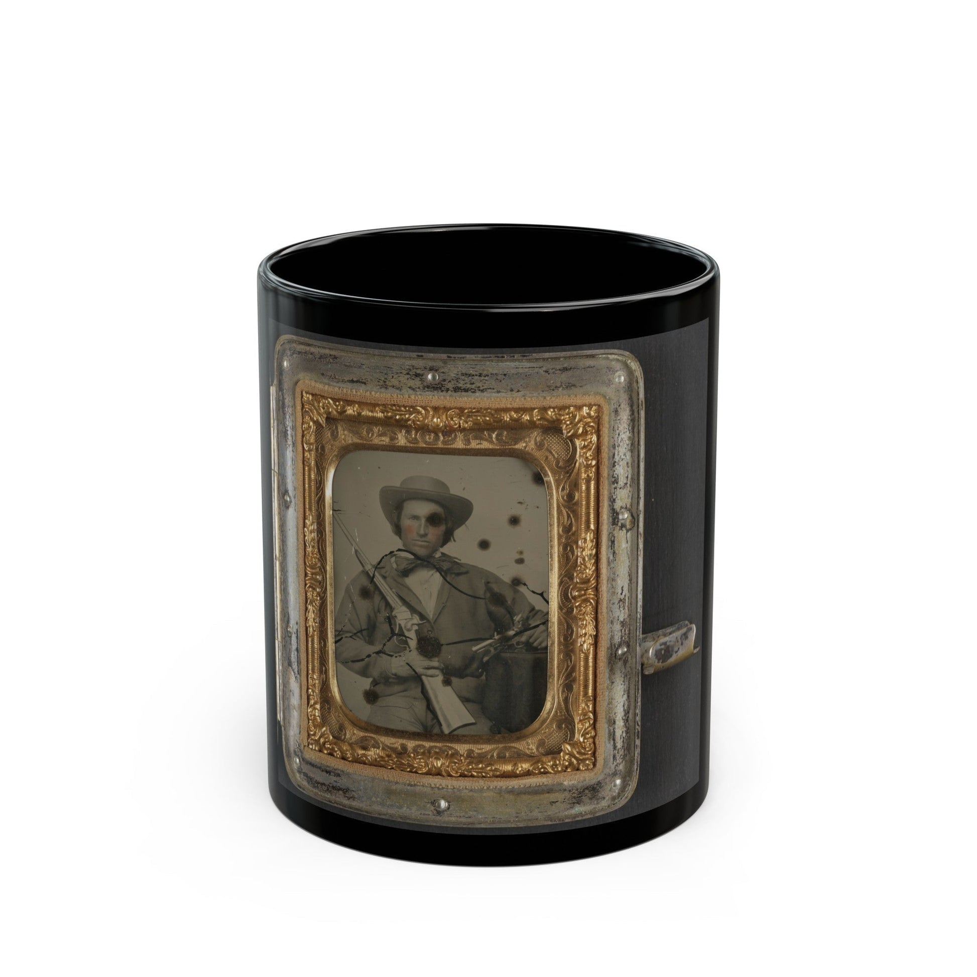 Unidentified Soldier In Confederate Cavalry Uniform With Sharps Carbine, Pistol, And Knife (1) (U.S. Civil War) Black Coffee Mug-11oz-The Sticker Space