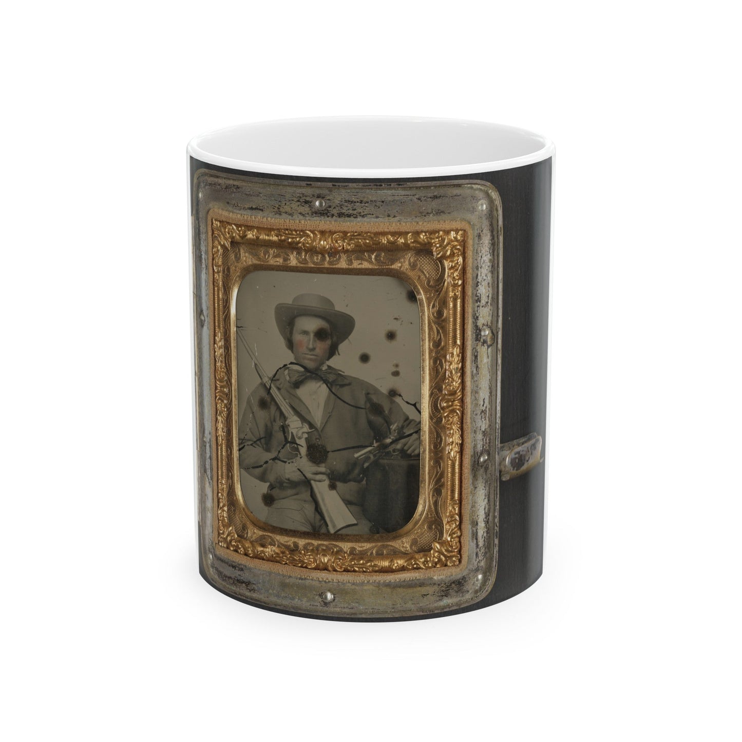 Unidentified Soldier In Confederate Cavalry Uniform With Sharps Carbine, Pistol, And Knife (1) (U.S. Civil War) White Coffee Mug-11oz-The Sticker Space