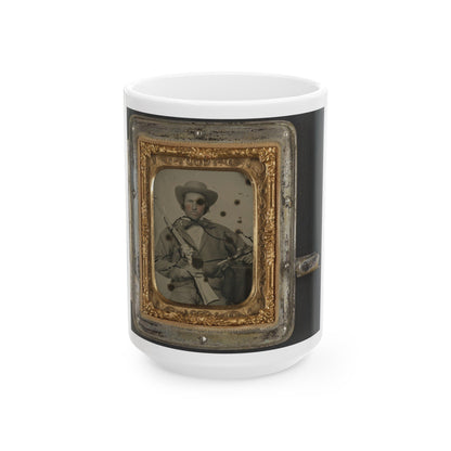 Unidentified Soldier In Confederate Cavalry Uniform With Sharps Carbine, Pistol, And Knife (1) (U.S. Civil War) White Coffee Mug-15oz-The Sticker Space