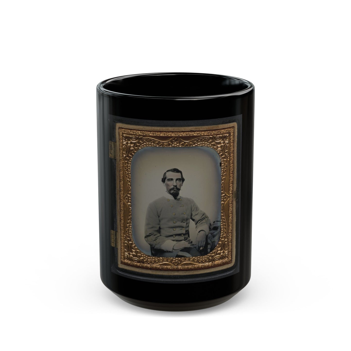 Unidentified Soldier In Confederate Double-Breasted Frock Coat With Single Row Of Braid Denoting The Rank Of Lieutenant (U.S. Civil War) Black Coffee Mug-15oz-The Sticker Space