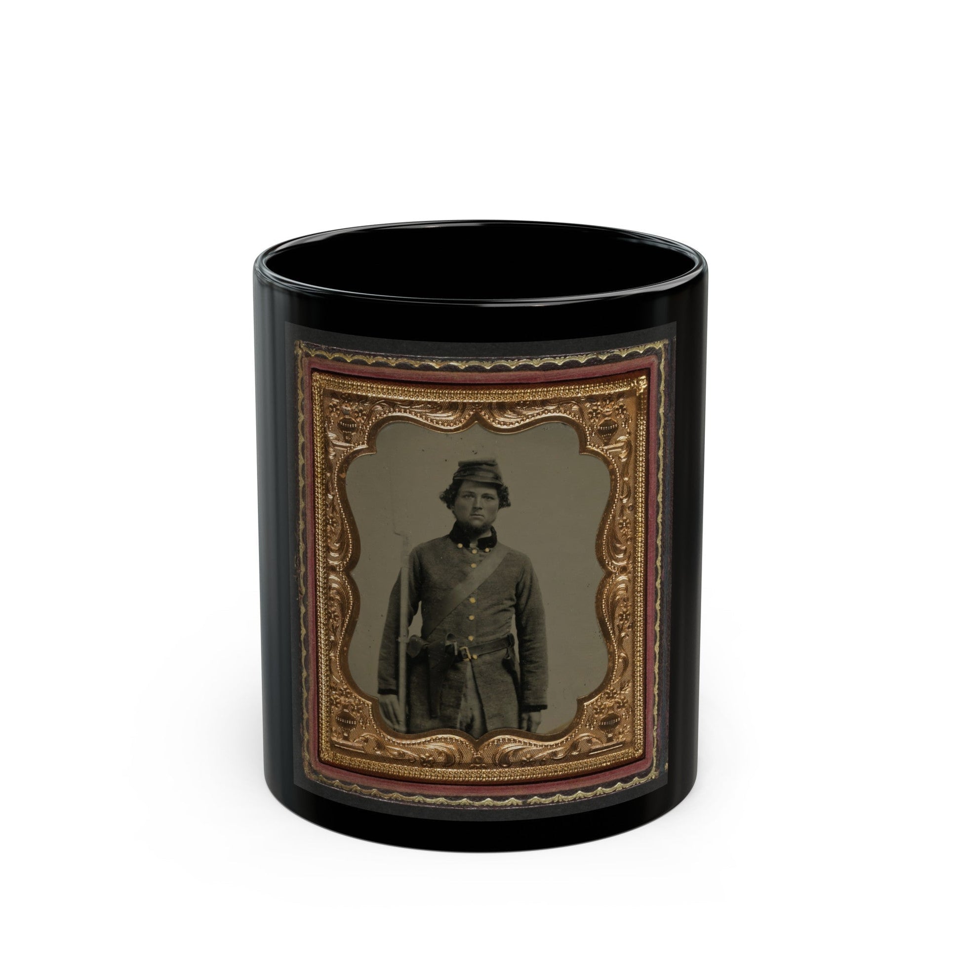 Unidentified Soldier In Confederate Frock Coat And Forage Cap With Cap Box, Bayoneted Musket, And Holstered Revolver (U.S. Civil War) Black Coffee Mug-11oz-The Sticker Space