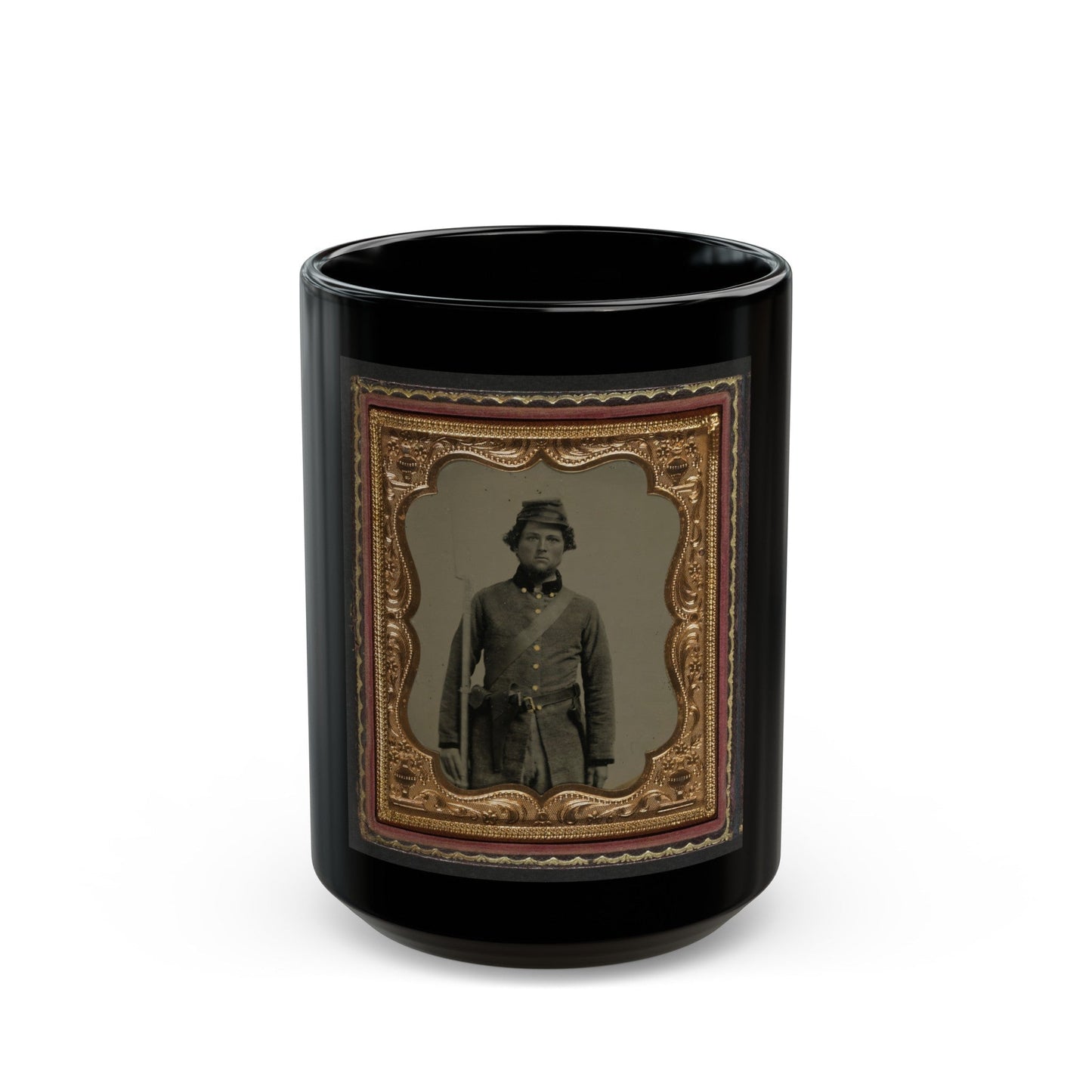 Unidentified Soldier In Confederate Frock Coat And Forage Cap With Cap Box, Bayoneted Musket, And Holstered Revolver (U.S. Civil War) Black Coffee Mug-15oz-The Sticker Space