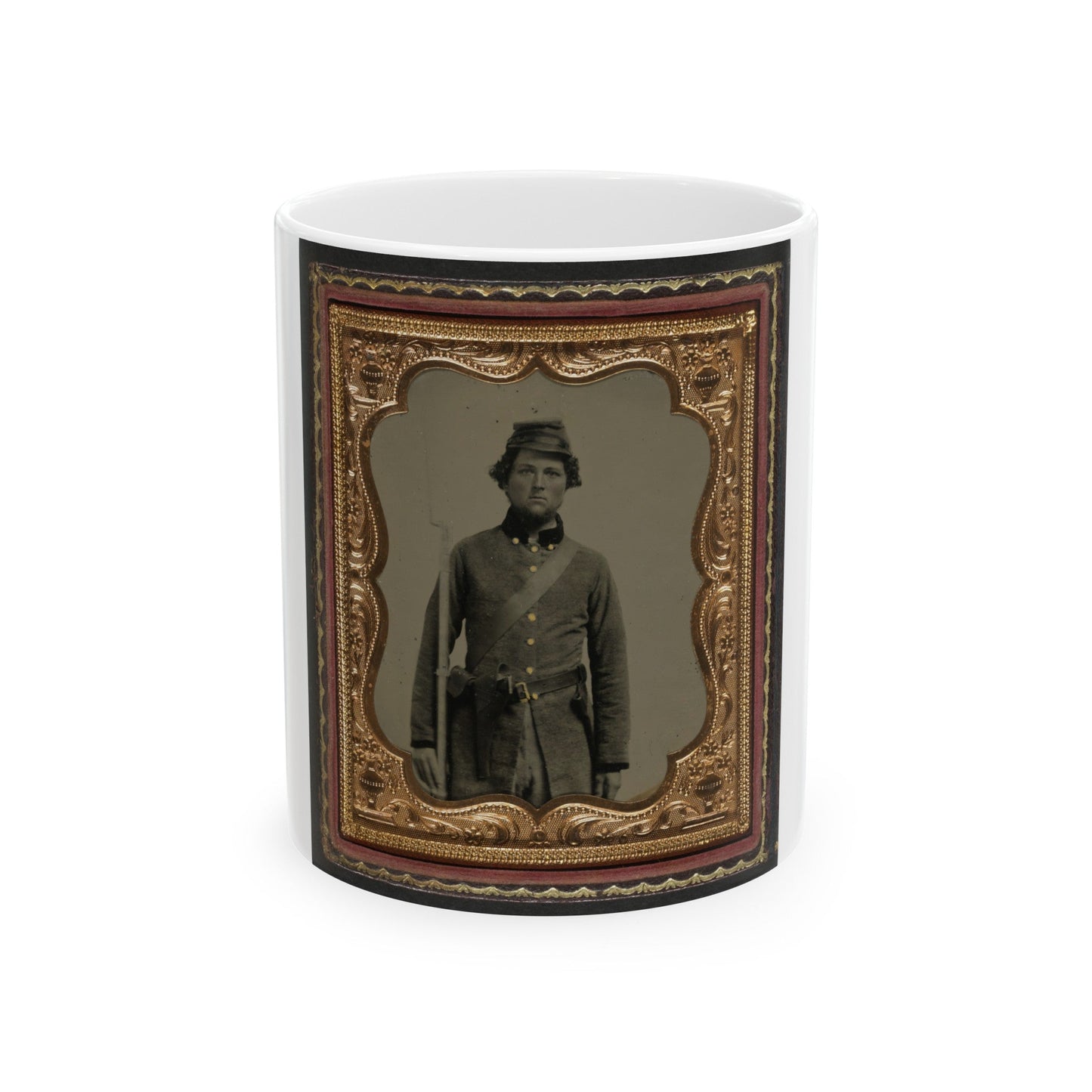 Unidentified Soldier In Confederate Frock Coat And Forage Cap With Cap Box, Bayoneted Musket, And Holstered Revolver (U.S. Civil War) White Coffee Mug-11oz-The Sticker Space