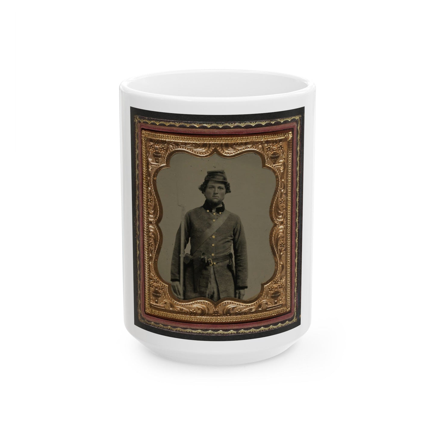 Unidentified Soldier In Confederate Frock Coat And Forage Cap With Cap Box, Bayoneted Musket, And Holstered Revolver (U.S. Civil War) White Coffee Mug-15oz-The Sticker Space