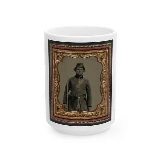 Unidentified Soldier In Confederate Frock Coat And Forage Cap With Cap Box, Bayoneted Musket, And Holstered Revolver (U.S. Civil War) White Coffee Mug-15oz-The Sticker Space