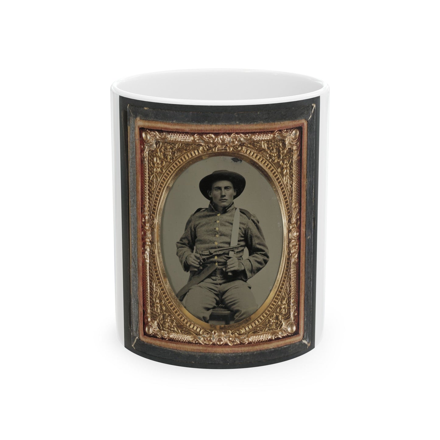 Unidentified Soldier In Confederate Frock Coat And Slouch Hat With Bowie Knife And Colt Army Model 1860 Revolver (U.S. Civil War) White Coffee Mug-11oz-The Sticker Space