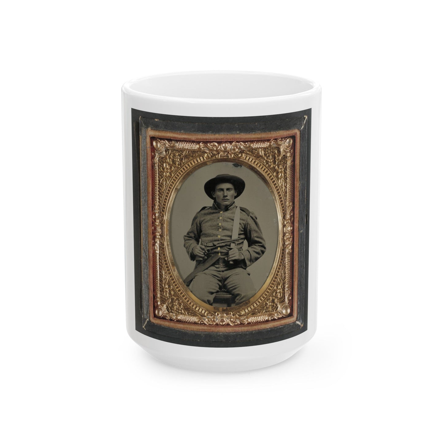 Unidentified Soldier In Confederate Frock Coat And Slouch Hat With Bowie Knife And Colt Army Model 1860 Revolver (U.S. Civil War) White Coffee Mug-15oz-The Sticker Space