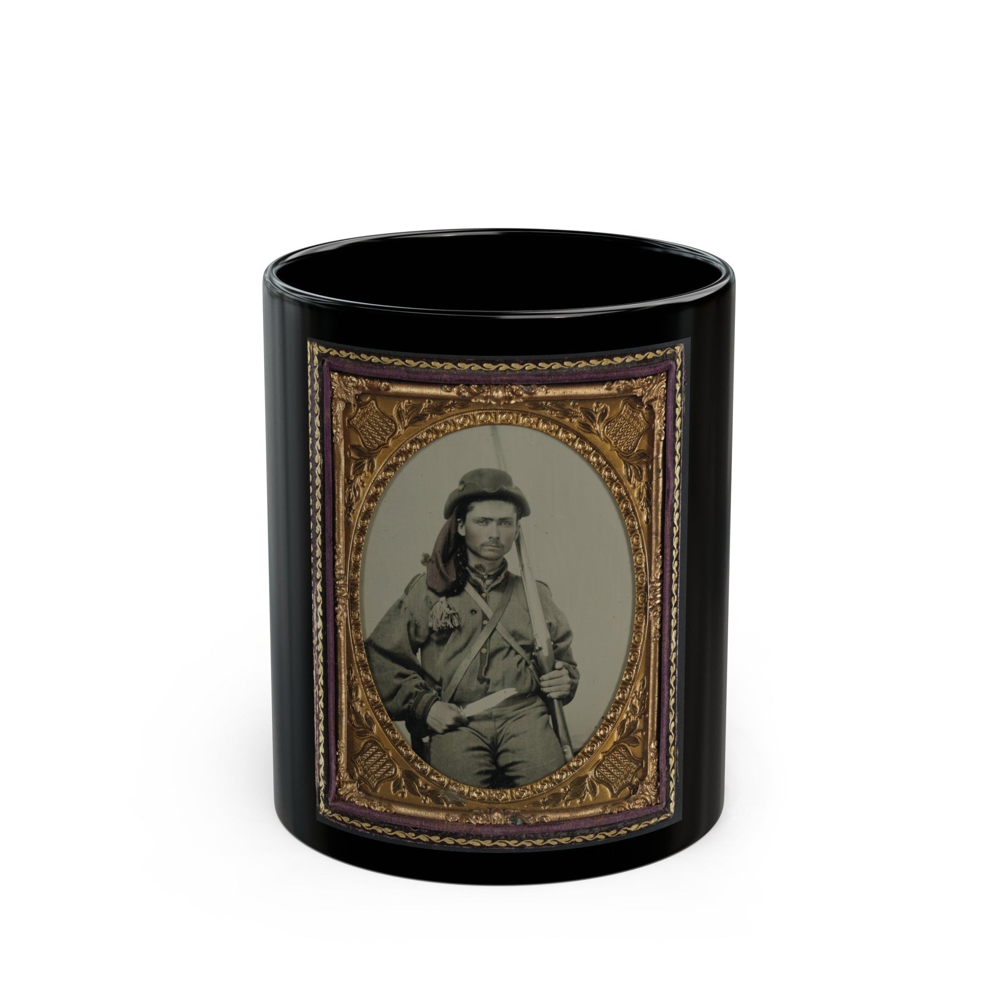 Unidentified Soldier In Confederate Infantry Uniform With Musket And Bowie Knife (U.S. Civil War) Black Coffee Mug-11oz-The Sticker Space