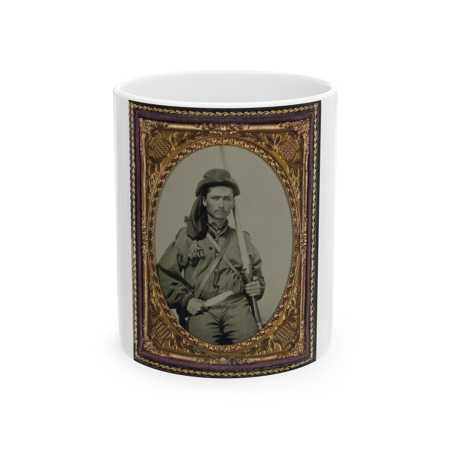 Unidentified Soldier In Confederate Infantry Uniform With Musket And Bowie Knife (U.S. Civil War) White Coffee Mug-11oz-The Sticker Space