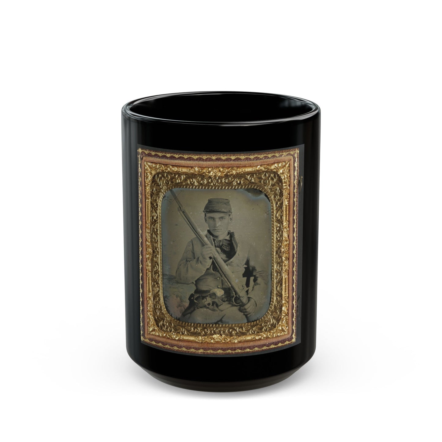 Unidentified Soldier In Confederate Infantry Uniform With Musket And Brass Framed Revolver (U.S. Civil War) Black Coffee Mug-15oz-The Sticker Space