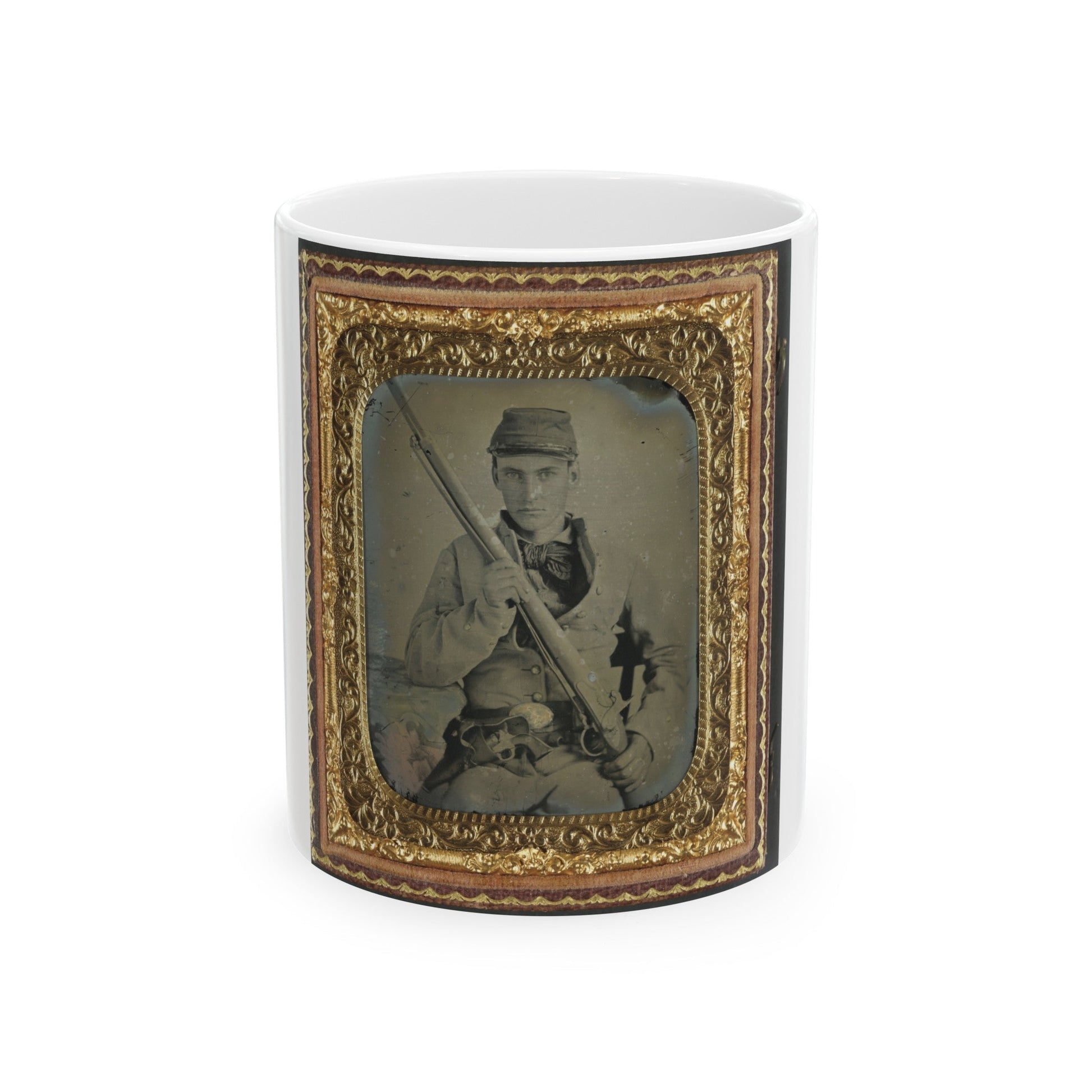 Unidentified Soldier In Confederate Infantry Uniform With Musket And Brass Framed Revolver (U.S. Civil War) White Coffee Mug-11oz-The Sticker Space