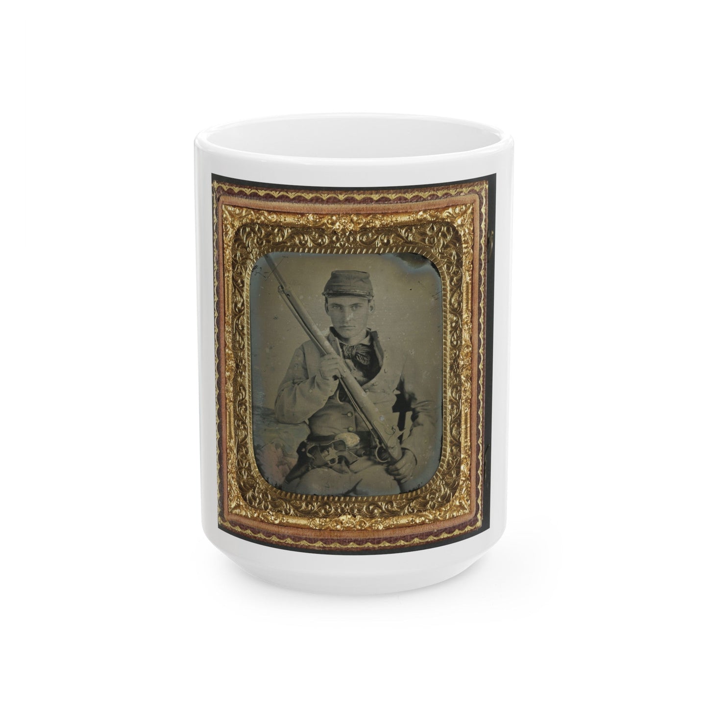 Unidentified Soldier In Confederate Infantry Uniform With Musket And Brass Framed Revolver (U.S. Civil War) White Coffee Mug-15oz-The Sticker Space