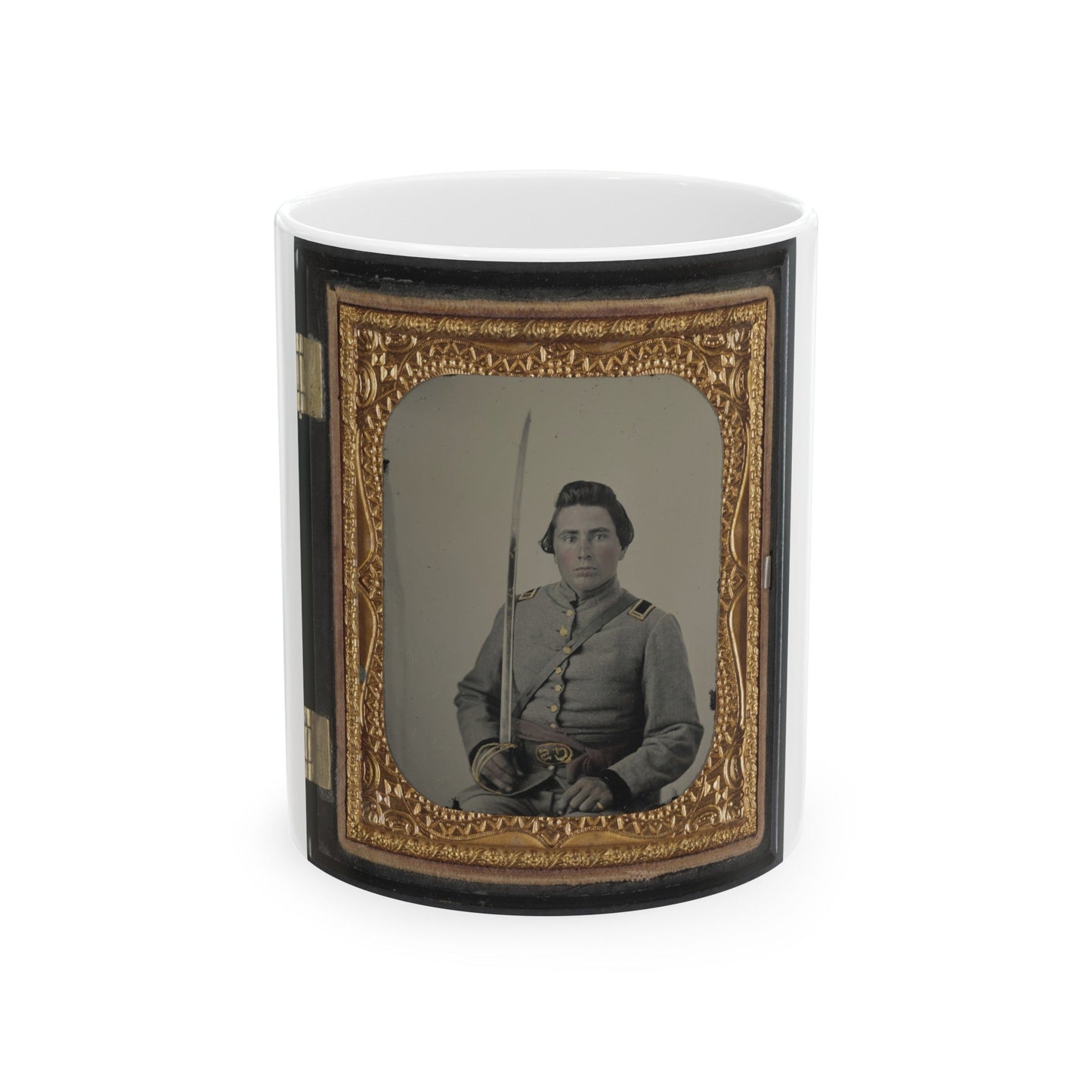 Unidentified Soldier In Confederate Lieutenant Uniform And Cs Belt Buckle With Cavalry Sword (U.S. Civil War) White Coffee Mug-11oz-The Sticker Space