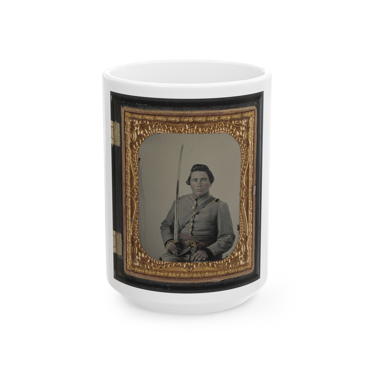 Unidentified Soldier In Confederate Lieutenant Uniform And Cs Belt Buckle With Cavalry Sword (U.S. Civil War) White Coffee Mug-15oz-The Sticker Space