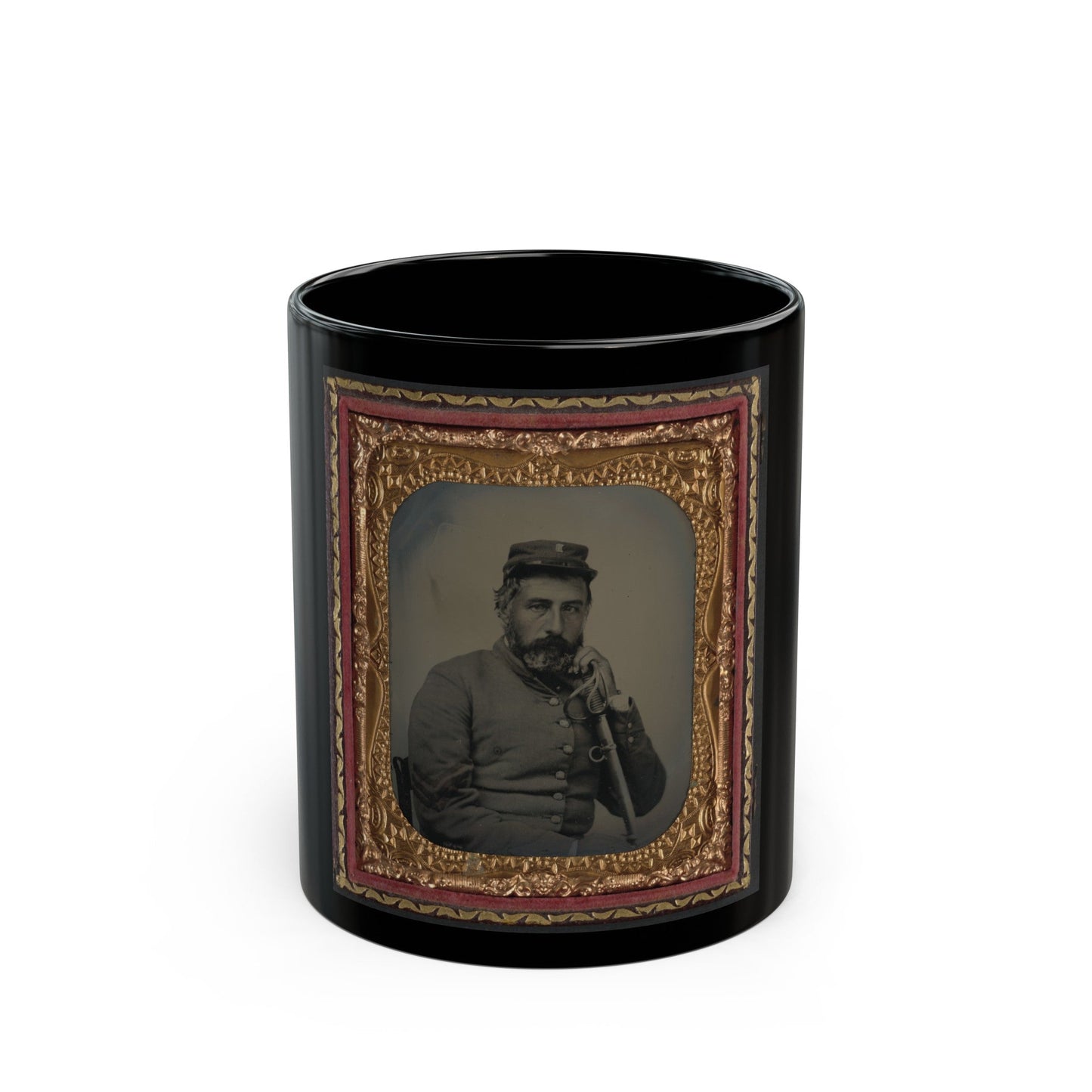 Unidentified Soldier In Confederate Sargeant's Uniform And Company B Hat With Saber (U.S. Civil War) Black Coffee Mug-11oz-The Sticker Space