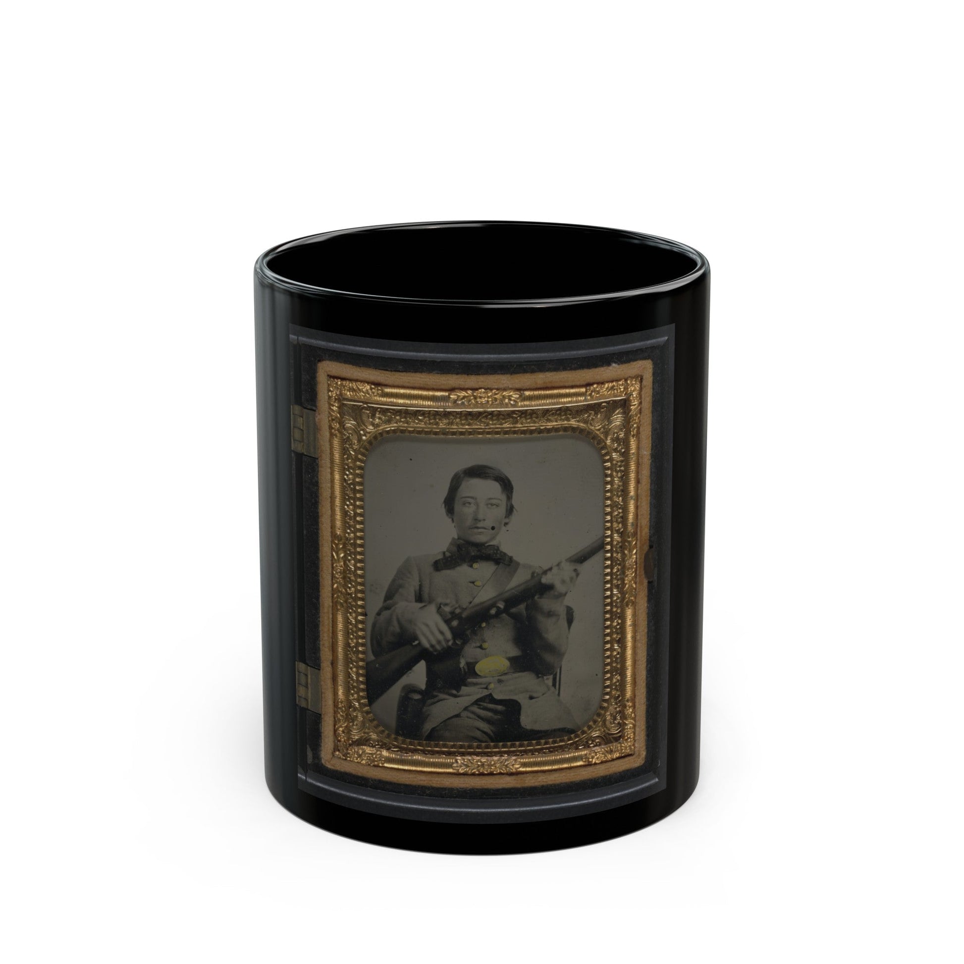 Unidentified Soldier In Confederate Uniform And C.S. Oval Belt Plate With Rifle (U.S. Civil War) Black Coffee Mug-11oz-The Sticker Space