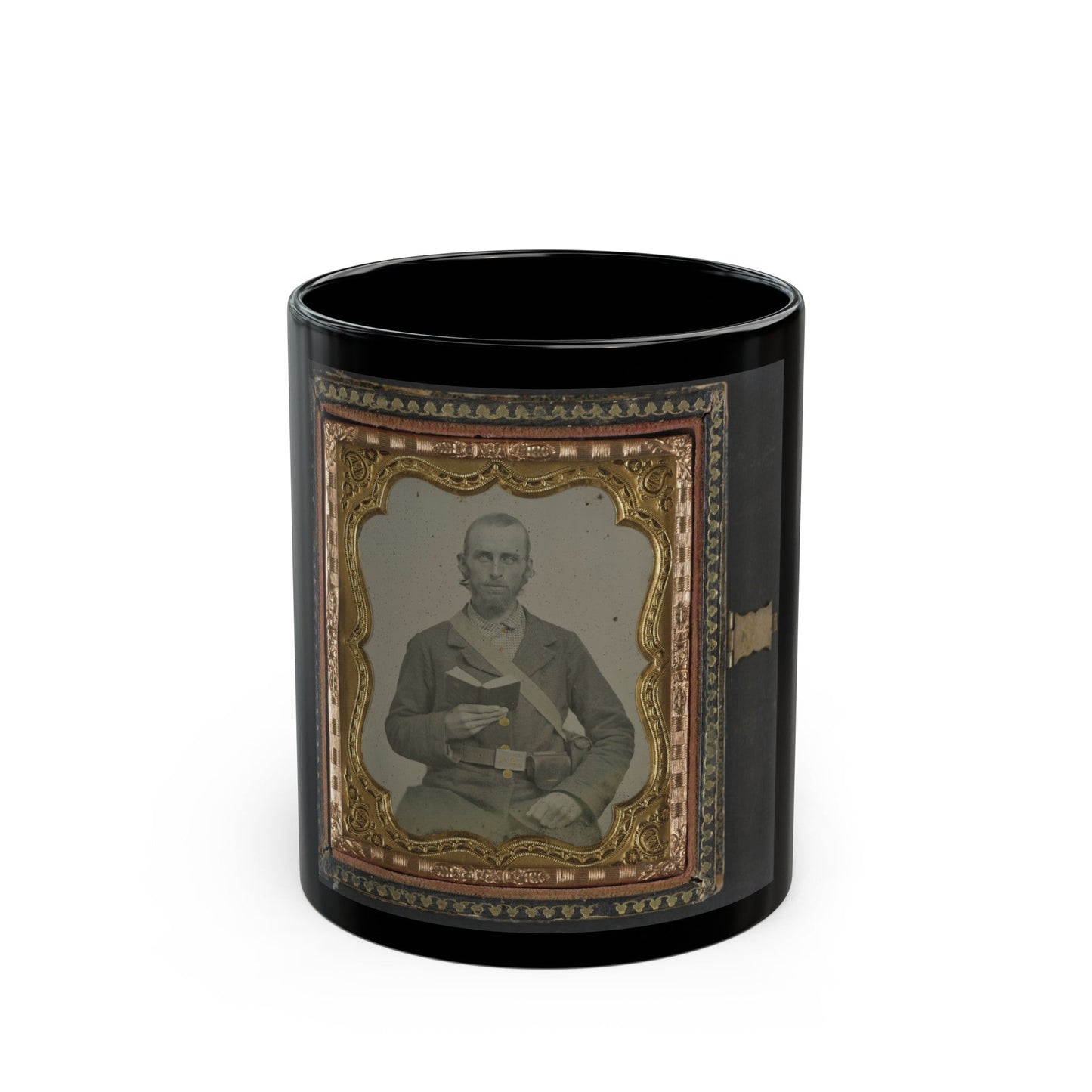 Unidentified Soldier In Confederate Uniform And C.S.A. Belt Buckle With Cartridge Box And Percussion Cap Box, Holding A Book (U.S. Civil War) Black Coffee Mug-11oz-The Sticker Space