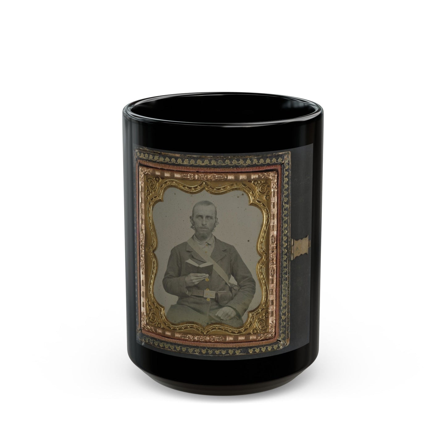 Unidentified Soldier In Confederate Uniform And C.S.A. Belt Buckle With Cartridge Box And Percussion Cap Box, Holding A Book (U.S. Civil War) Black Coffee Mug-15oz-The Sticker Space