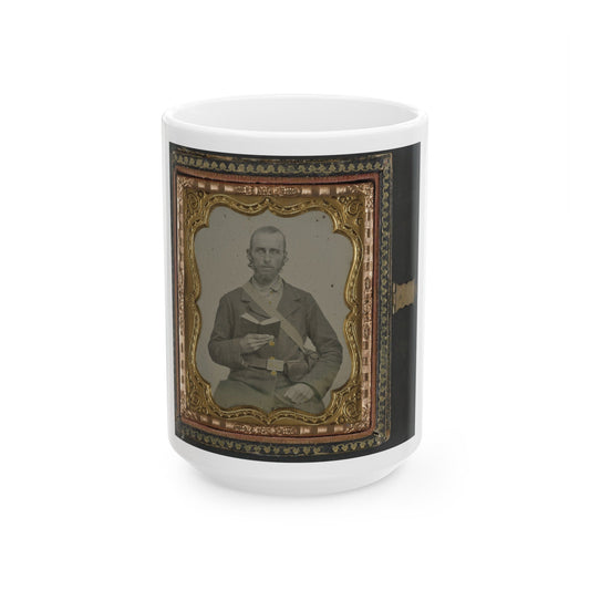 Unidentified Soldier In Confederate Uniform And C.S.A. Belt Buckle With Cartridge Box And Percussion Cap Box, Holding A Book (U.S. Civil War) White Coffee Mug-15oz-The Sticker Space