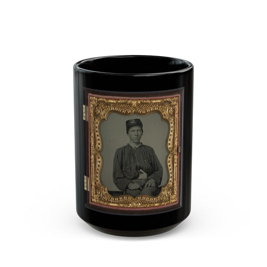 Unidentified Soldier In Confederate Uniform And Louisiana State Seal Belt Buckle And Oilcloth Cover On Kepi (U.S. Civil War) Black Coffee Mug-15oz-The Sticker Space