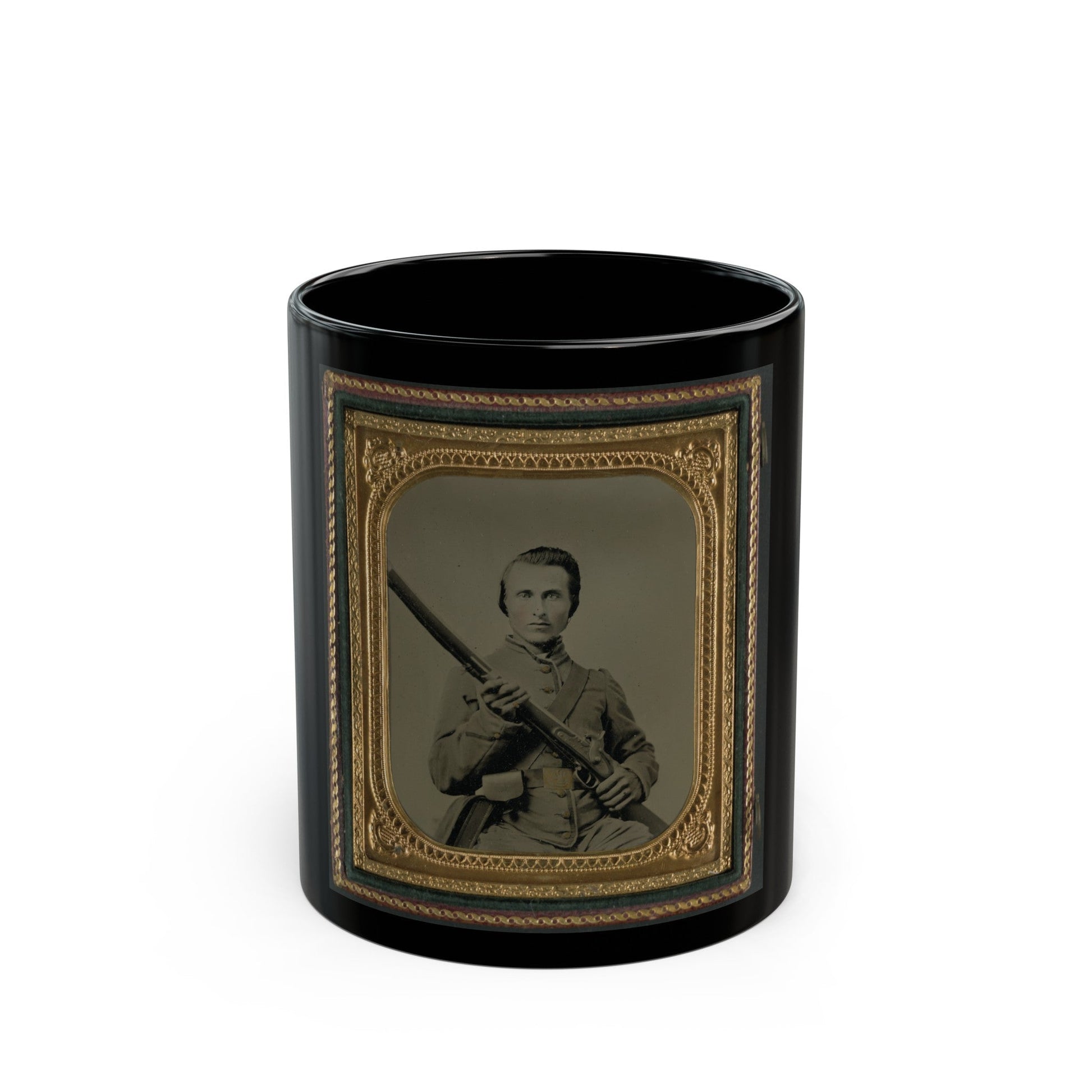 Unidentified Soldier In Confederate Uniform And Louisiana State Seal Belt Buckle With Musket (U.S. Civil War) Black Coffee Mug-11oz-The Sticker Space