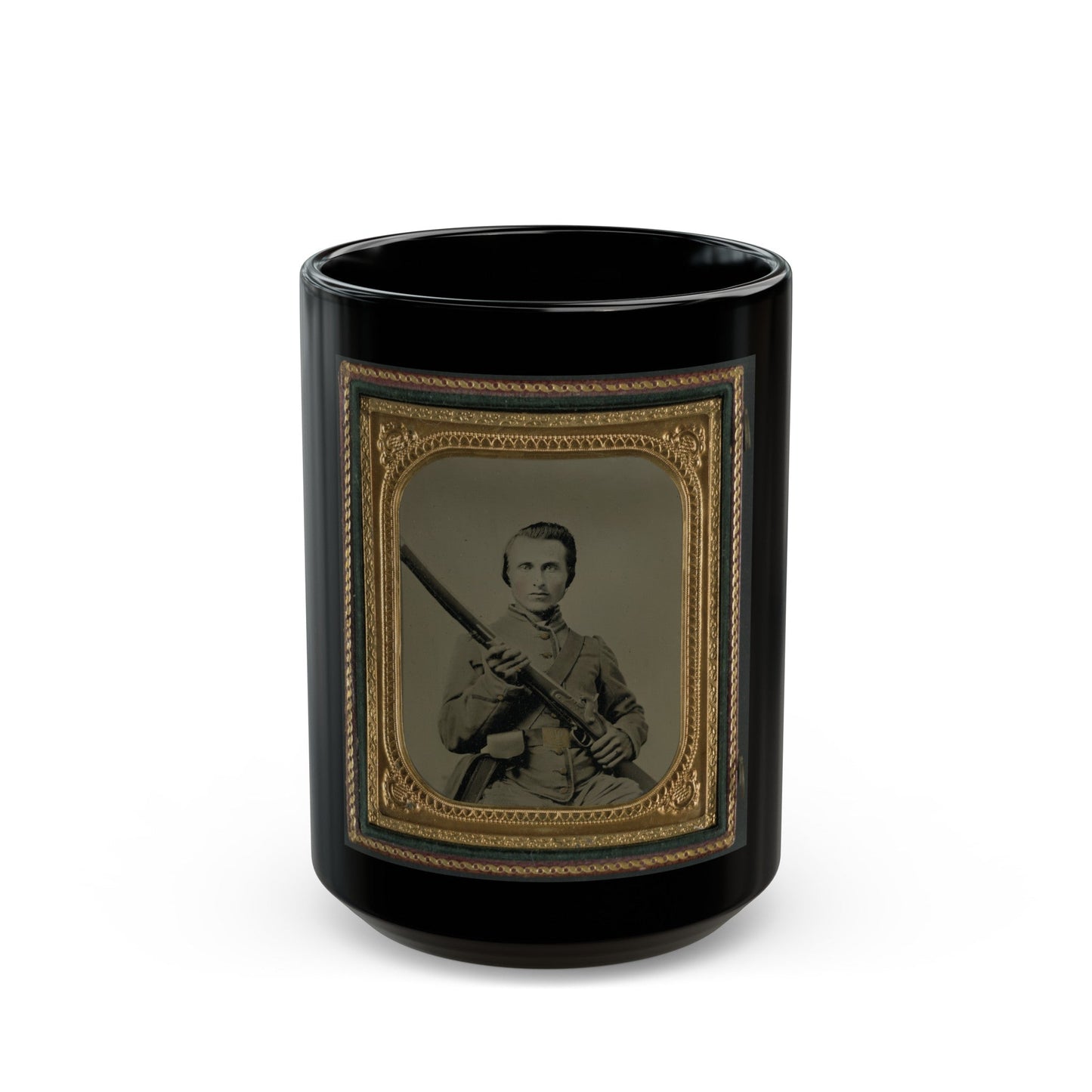 Unidentified Soldier In Confederate Uniform And Louisiana State Seal Belt Buckle With Musket (U.S. Civil War) Black Coffee Mug-15oz-The Sticker Space