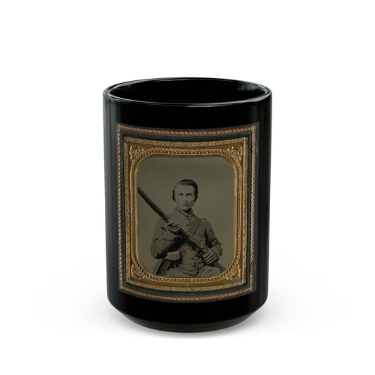 Unidentified Soldier In Confederate Uniform And Louisiana State Seal Belt Buckle With Musket (U.S. Civil War) Black Coffee Mug-15oz-The Sticker Space