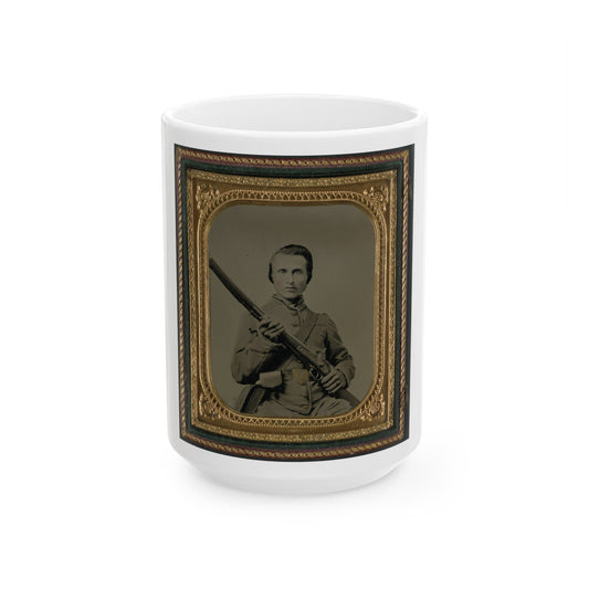 Unidentified Soldier In Confederate Uniform And Louisiana State Seal Belt Buckle With Musket (U.S. Civil War) White Coffee Mug-15oz-The Sticker Space