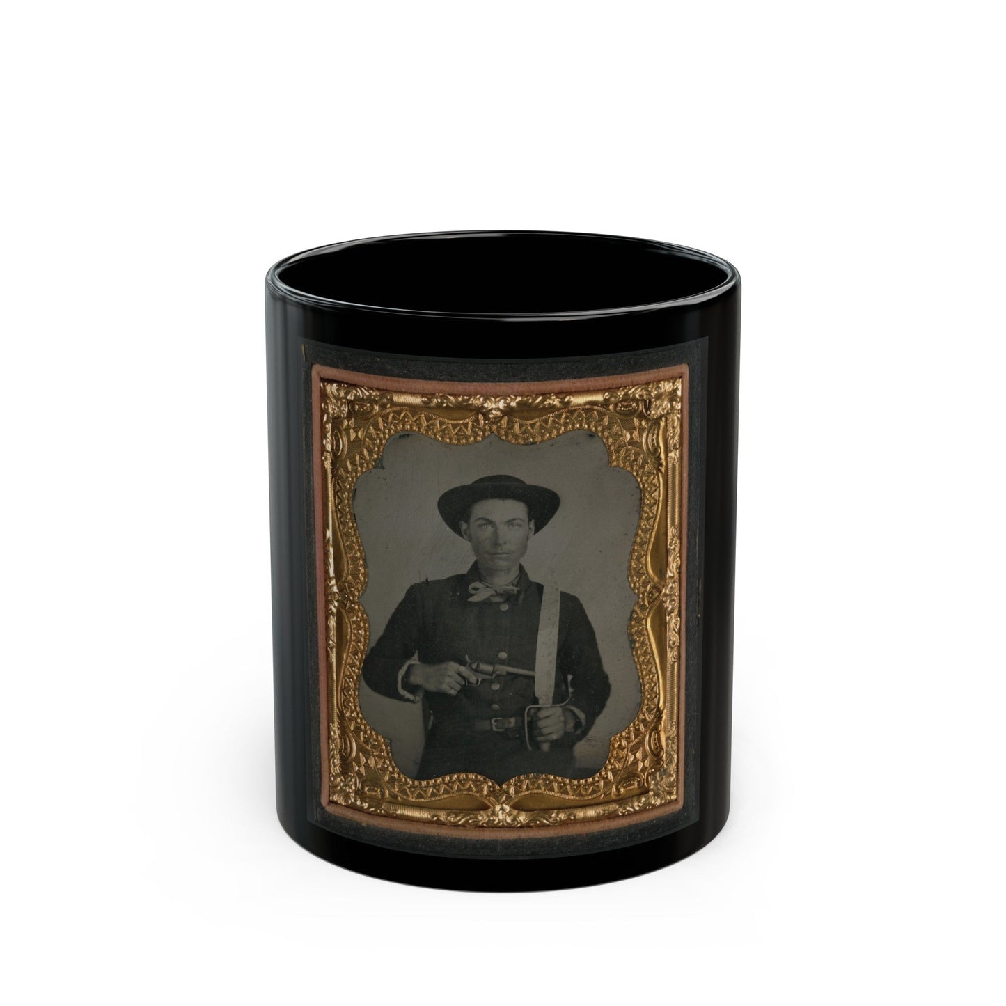 Unidentified Soldier In Confederate Uniform And Round Hat With Baby Colt Dragoon Revolver And D-Guard Bowie Knife (U.S. Civil War) Black Coffee Mug-11oz-The Sticker Space