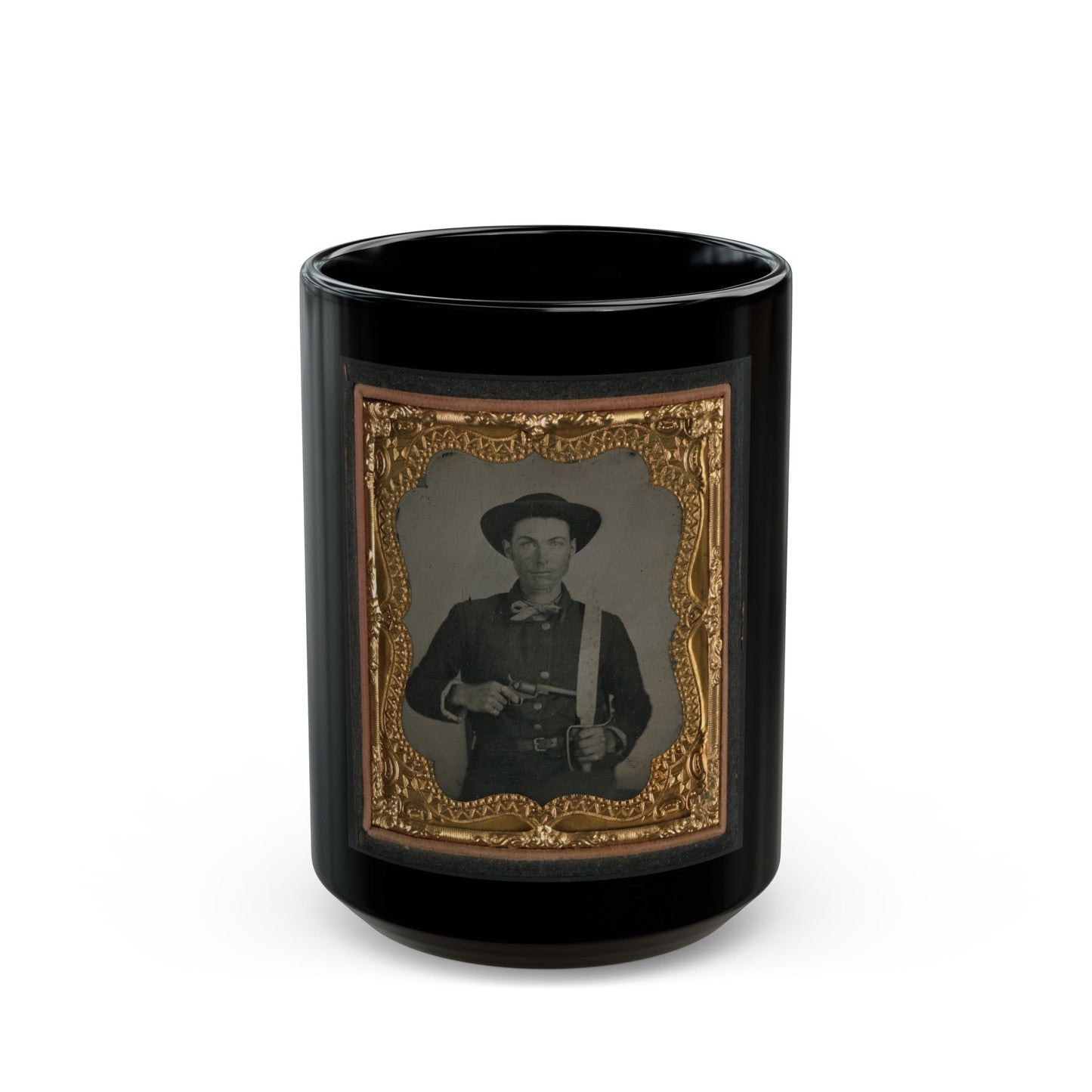 Unidentified Soldier In Confederate Uniform And Round Hat With Baby Colt Dragoon Revolver And D-Guard Bowie Knife (U.S. Civil War) Black Coffee Mug-15oz-The Sticker Space