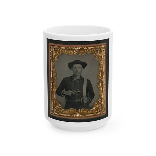 Unidentified Soldier In Confederate Uniform And Round Hat With Baby Colt Dragoon Revolver And D-Guard Bowie Knife (U.S. Civil War) White Coffee Mug-15oz-The Sticker Space