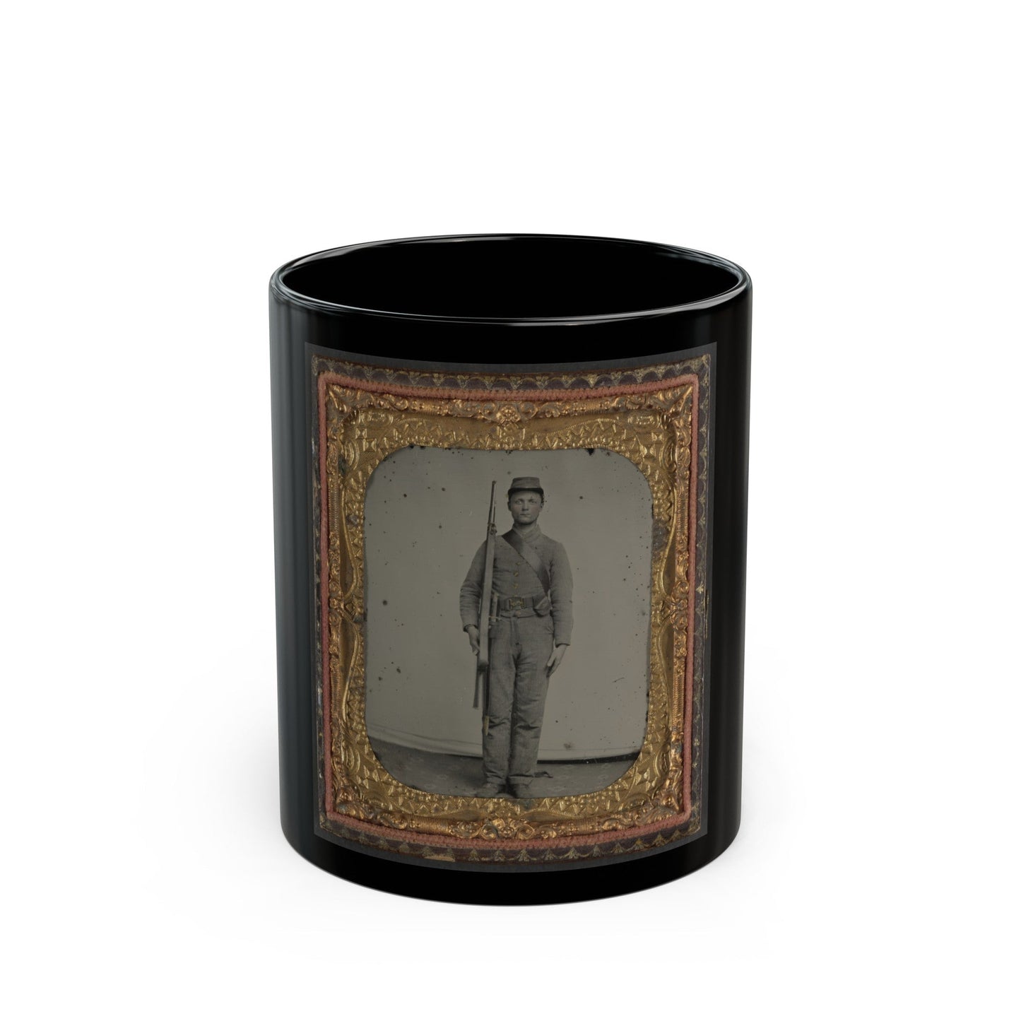 Unidentified Soldier In Confederate Uniform And Snake Belt Buckle With Enfield Rifle And Saber Bayonet (U.S. Civil War) Black Coffee Mug-11oz-The Sticker Space