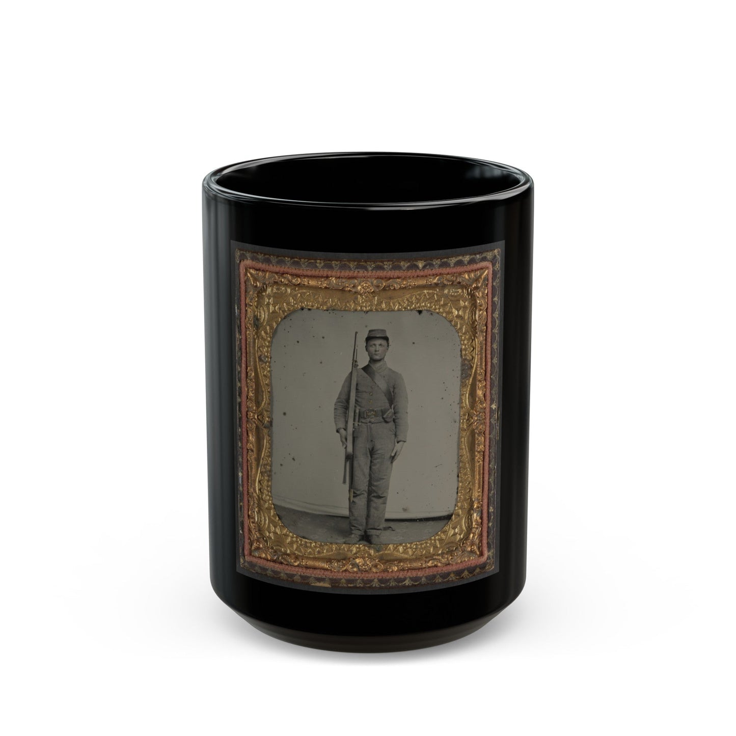 Unidentified Soldier In Confederate Uniform And Snake Belt Buckle With Enfield Rifle And Saber Bayonet (U.S. Civil War) Black Coffee Mug-15oz-The Sticker Space