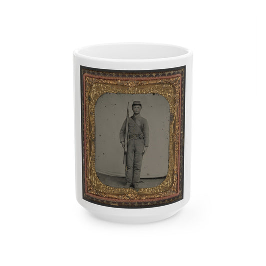 Unidentified Soldier In Confederate Uniform And Snake Belt Buckle With Enfield Rifle And Saber Bayonet (U.S. Civil War) White Coffee Mug-15oz-The Sticker Space