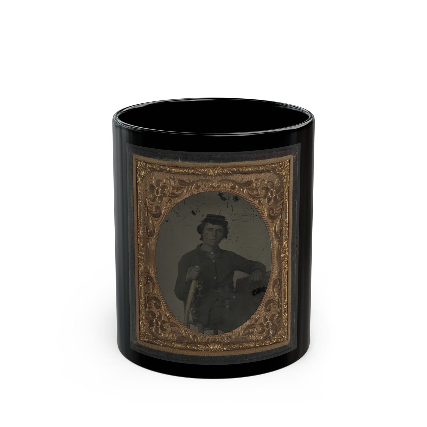 Unidentified Soldier In Confederate Uniform And Snake Belt Buckle With Sword (U.S. Civil War) Black Coffee Mug-11oz-The Sticker Space