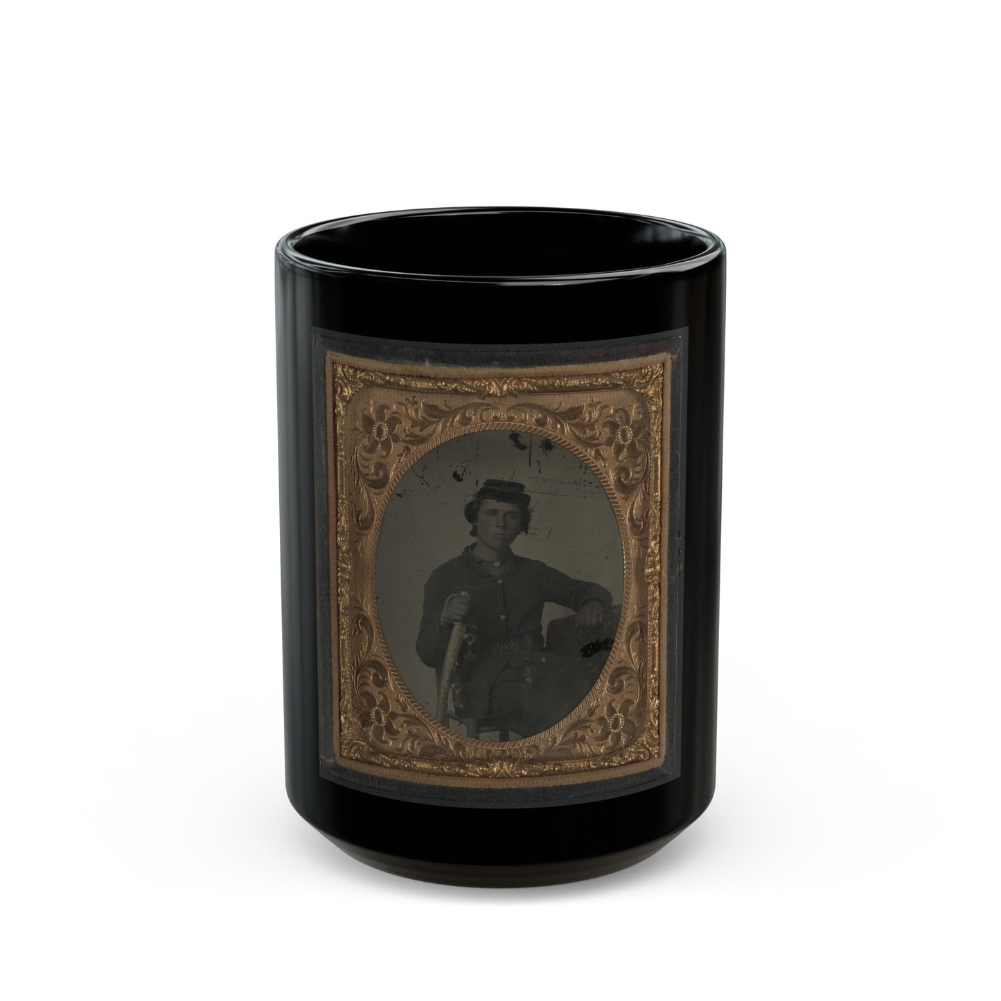 Unidentified Soldier In Confederate Uniform And Snake Belt Buckle With Sword (U.S. Civil War) Black Coffee Mug-15oz-The Sticker Space