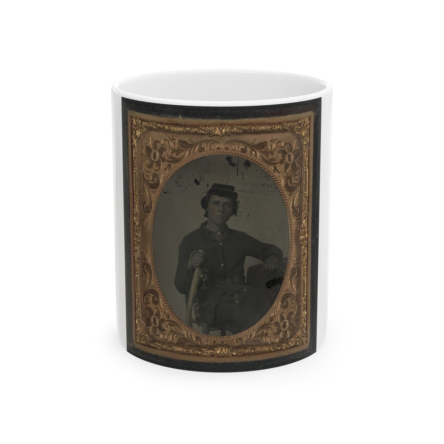 Unidentified Soldier In Confederate Uniform And Snake Belt Buckle With Sword (U.S. Civil War) White Coffee Mug-11oz-The Sticker Space