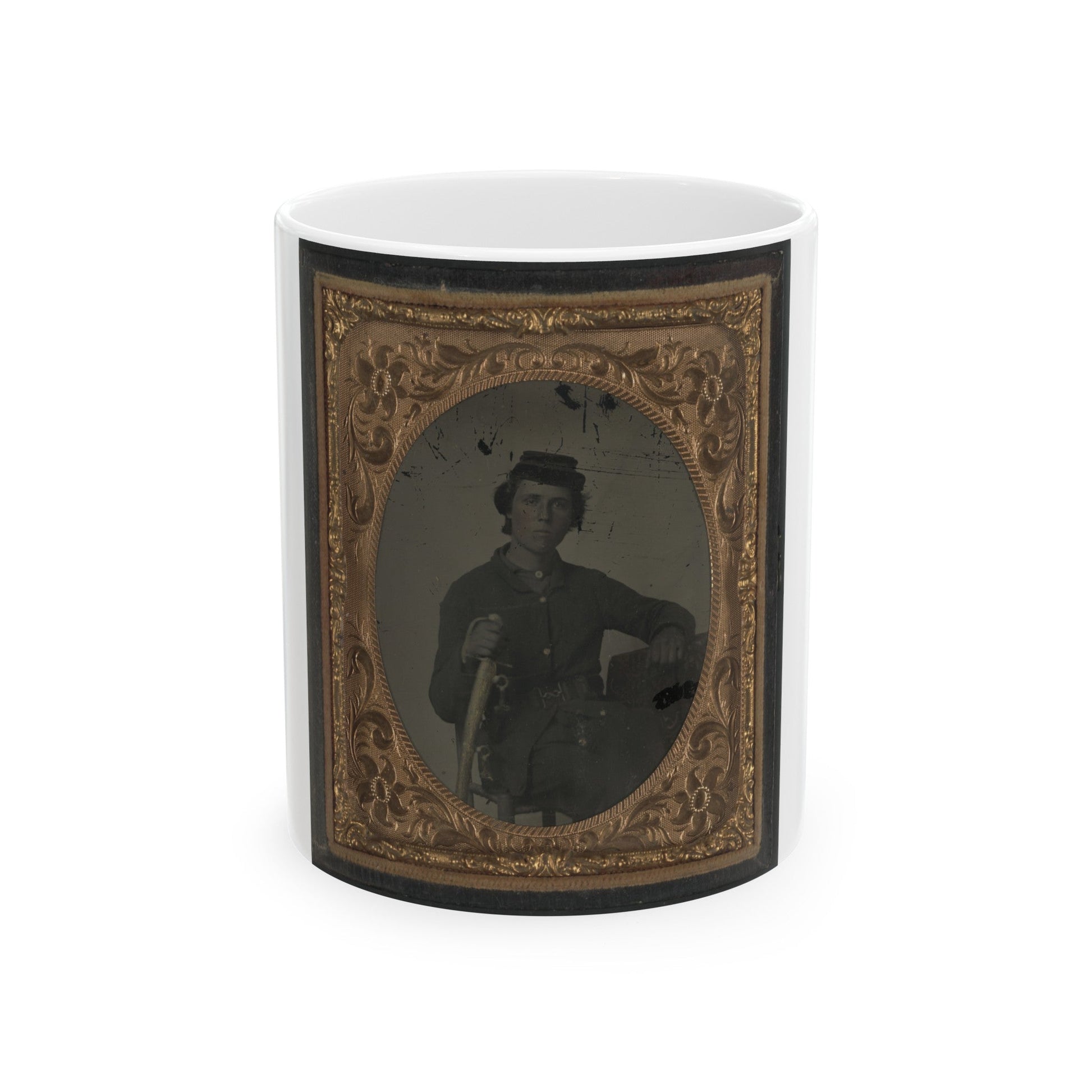 Unidentified Soldier In Confederate Uniform And Snake Belt Buckle With Sword (U.S. Civil War) White Coffee Mug-11oz-The Sticker Space