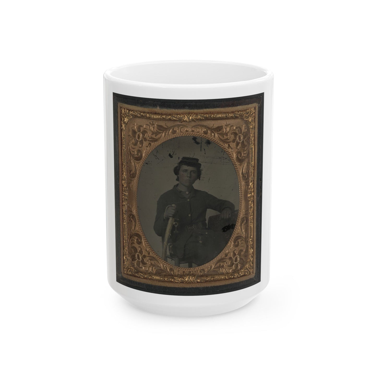 Unidentified Soldier In Confederate Uniform And Snake Belt Buckle With Sword (U.S. Civil War) White Coffee Mug-15oz-The Sticker Space