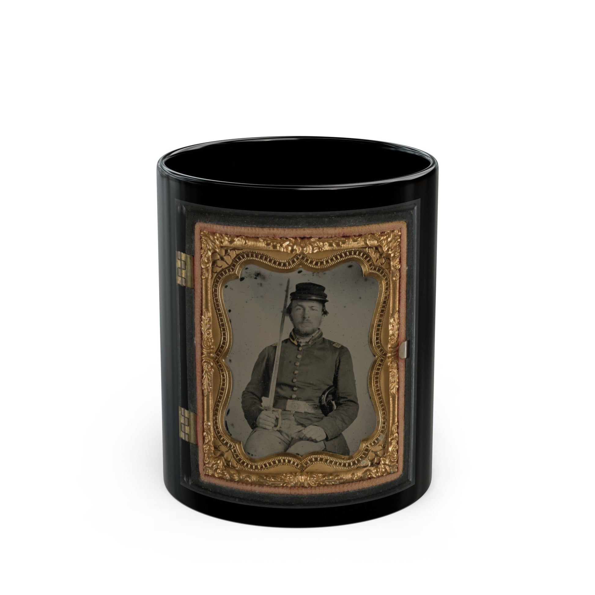 Unidentified Soldier In Confederate Uniform And Star Design Belt Buckle With Sword (U.S. Civil War) Black Coffee Mug-11oz-The Sticker Space