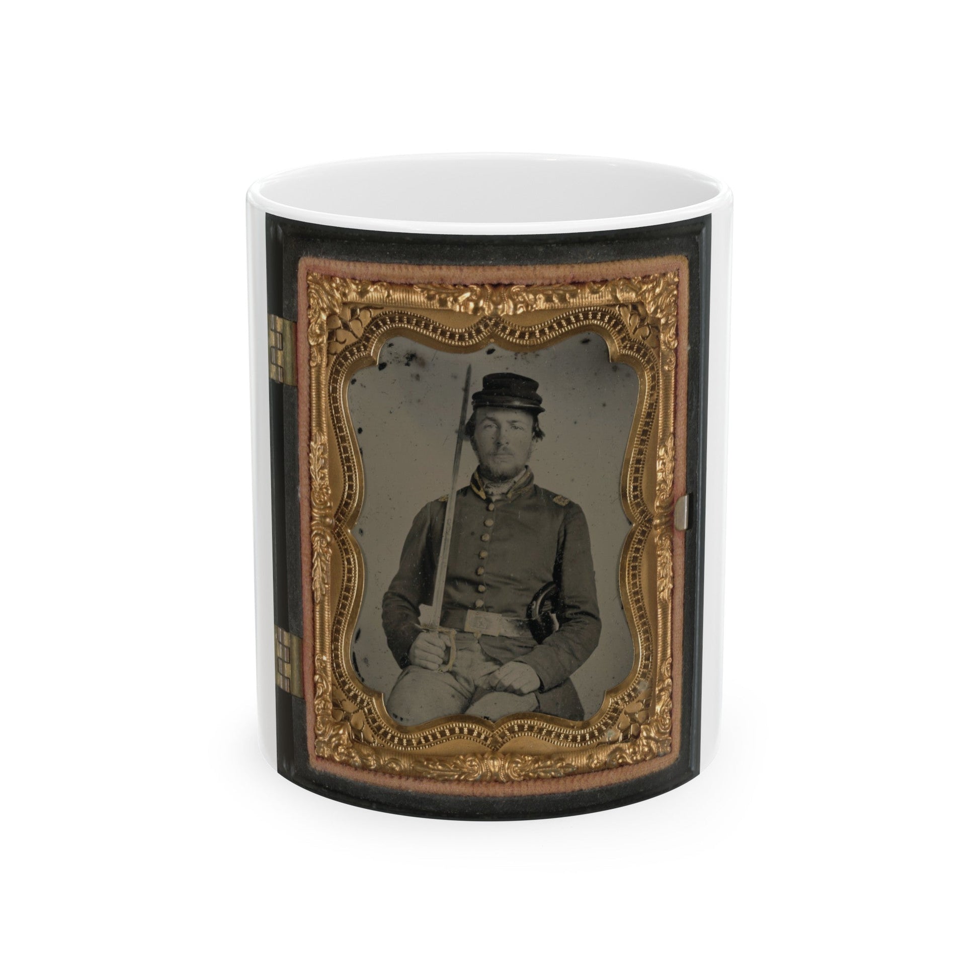 Unidentified Soldier In Confederate Uniform And Star Design Belt Buckle With Sword (U.S. Civil War) White Coffee Mug-11oz-The Sticker Space