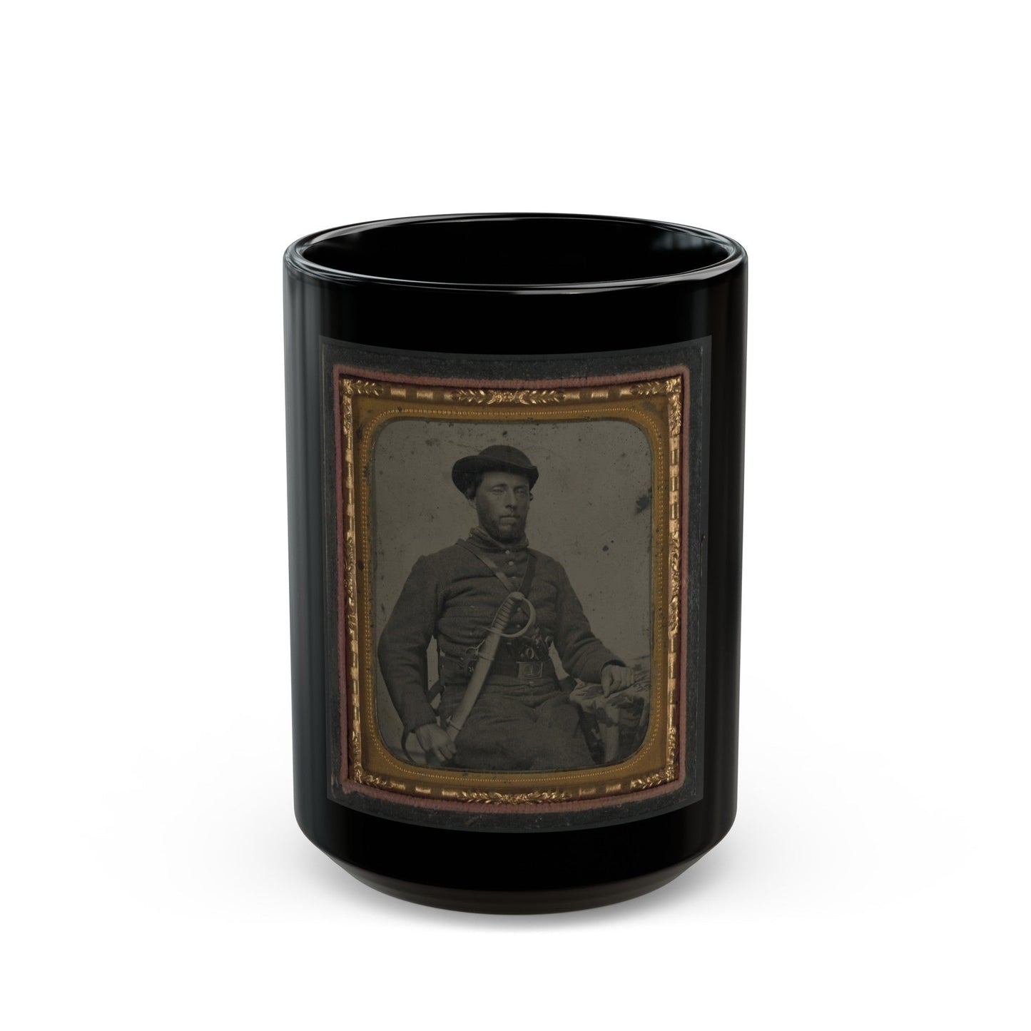 Unidentified Soldier In Confederate Uniform And Virginia Sword Belt Plate With Revolver And Cavalry Sword (U.S. Civil War) Black Coffee Mug-15oz-The Sticker Space