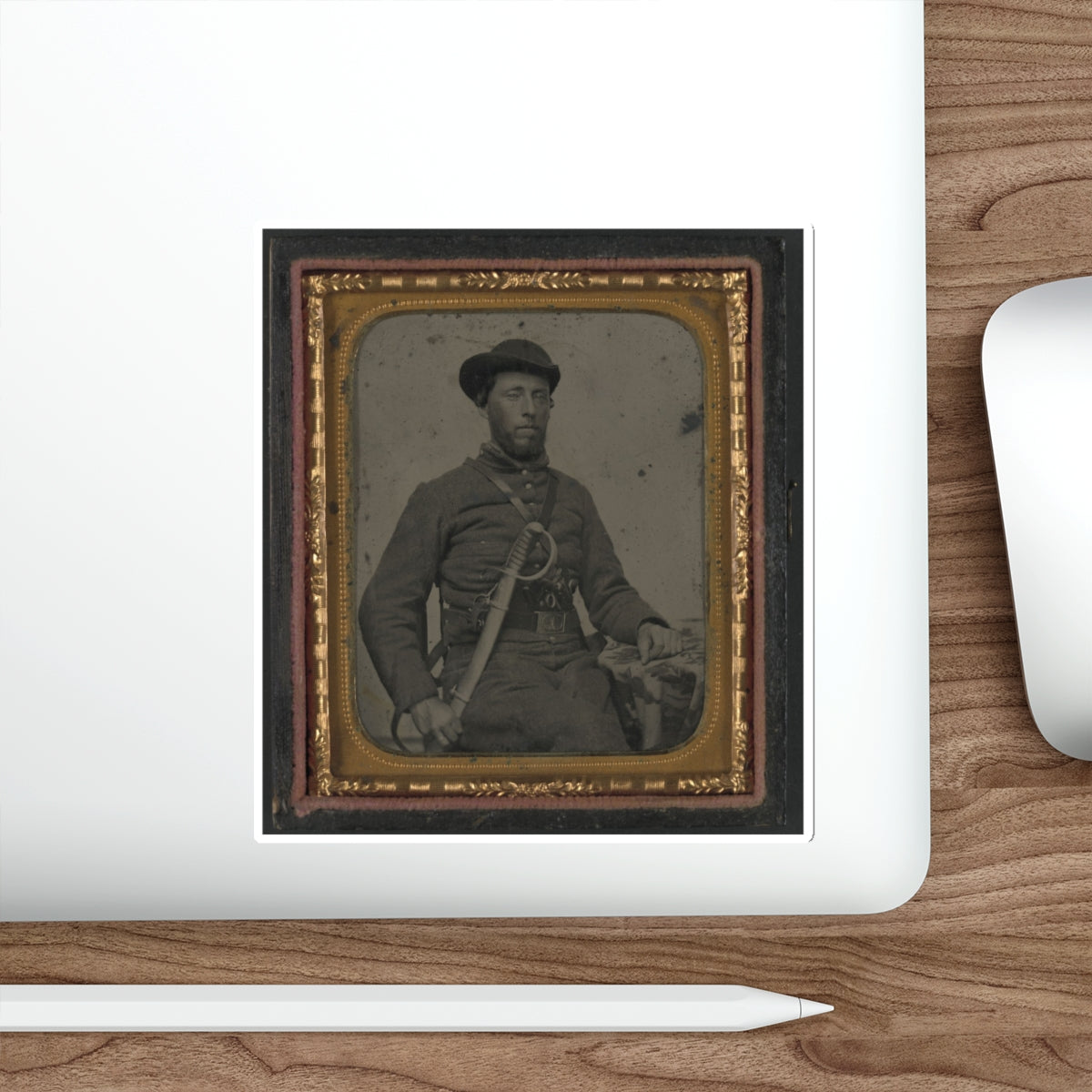 Unidentified Soldier In Confederate Uniform And Virginia Sword Belt Plate With Revolver And Cavalry Sword (U.S. Civil War) STICKER Vinyl Die-Cut Decal-The Sticker Space