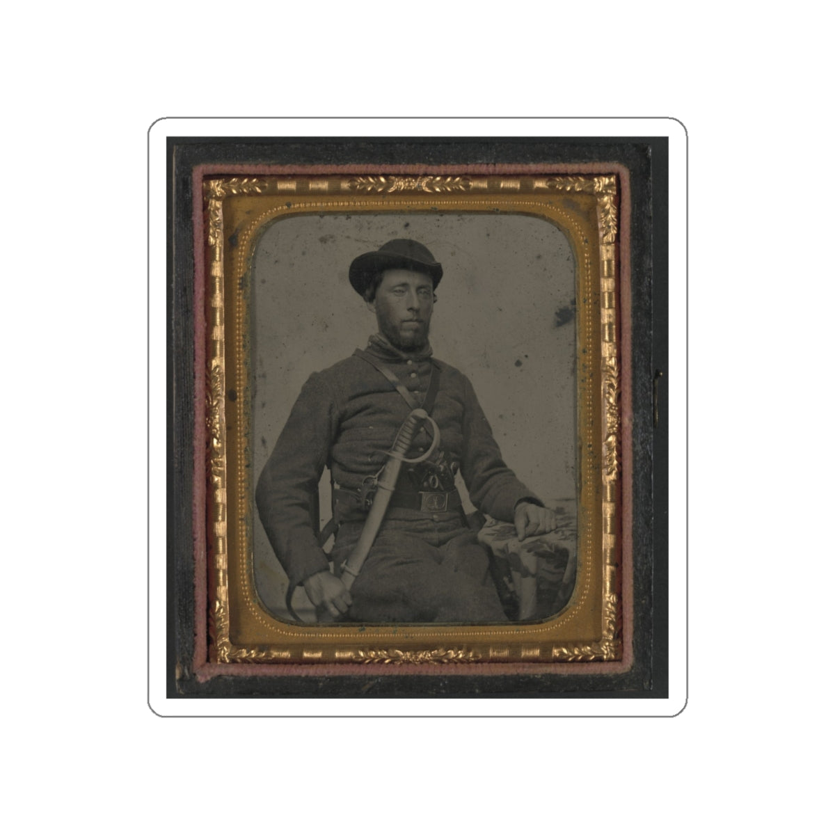 Unidentified Soldier In Confederate Uniform And Virginia Sword Belt Plate With Revolver And Cavalry Sword (U.S. Civil War) STICKER Vinyl Die-Cut Decal-White-The Sticker Space