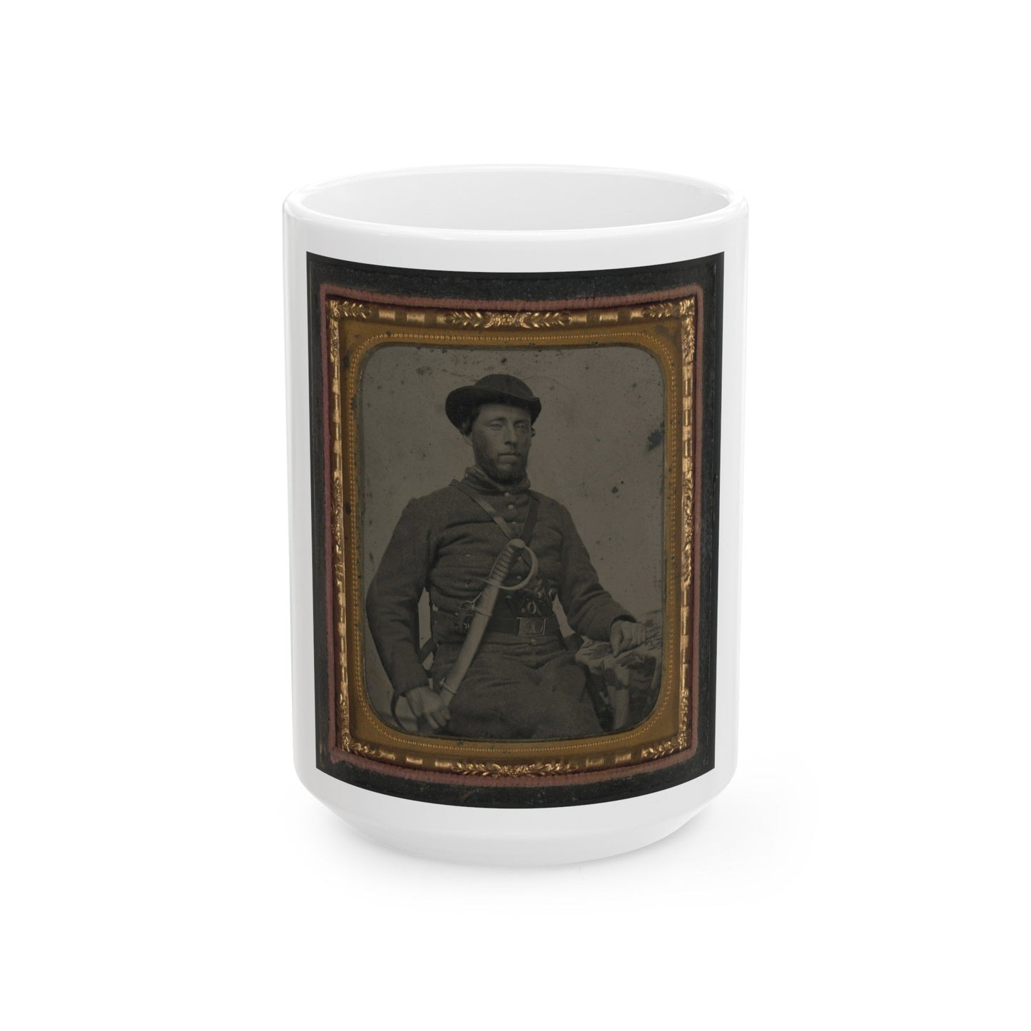 Unidentified Soldier In Confederate Uniform And Virginia Sword Belt Plate With Revolver And Cavalry Sword (U.S. Civil War) White Coffee Mug-15oz-The Sticker Space